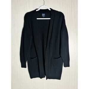 Gap Womens Black Waffle Knit Open Front Cardigan Sweater Cotton Chunky Cozy Sz M